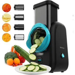 Cecotec Elektrisch Gemüseschneider Total Blade Full Black. 80 W, 4 austauschbare Schneidtrommeln: Käseraspel, Wellenschnitt, Feinraspel, Scheiben, direkter Auswurf in Schüssel, kompakt