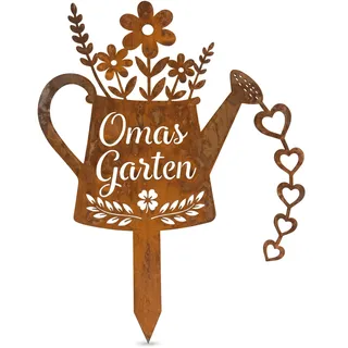 POPNOOK Gartendeko Rost, Gartenstecker, Oma Geschenk, Gießkanne mit Herzen | Aus 1,0 mm Eisen in Edelrost-Optik, wetterfest – Gartendeko für Blumenbeet, Pflanzkübel, Terrasse und Balkon