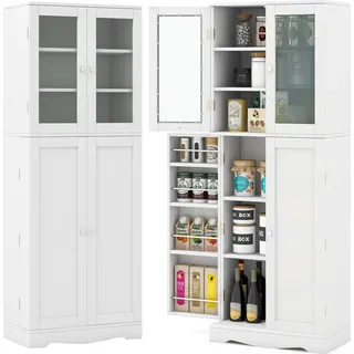 COSTWAY Küchenschrank mit Glastüren & Kippschutz, Hochschrank , Küchenbuffet freistehend, Mehrzweckschrank Holz, 1 St. Weiß 60x31,5x161,5cm - Weiß