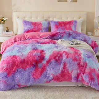 EMME Plüsch Bettwäsche Set 200x200cm Biber Flauschige Bettdecke Set für Bett Shaggy und Plüsch weiche Bettwäsche Bettbezüge und 2 Kissenbezug 80x80cm, Regenbogen-Rosa Lila