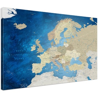 LANA KK - Europakarte Leinwandbild mit Korkrückwand zum pinnen der Reiseziele – Europakarte Meerestiefe - deutsch - Kunstdruck-Pinnwand Globus, Premium - 2cm, in 100 x 70 cm