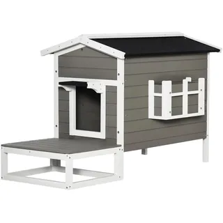PawHut Katzenhaus aus Holz Winterfest wasserdicht Katzenhütte mit Asphaltdach Terrasse Katzenhöhle Katzenkiste Outdoor Schutzhütte für Draußen Garten Balkon 115 x 66,5 x 74,7 cm Grau+Weiß