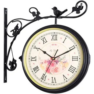 Milageto Doppelseitige Bahnhofsuhr, Vintage-Wanduhr mit Halterung, wasserdichte Gartenuhr für den Außenbereich, Retro-Eisenbahnhofsuhr, 36 cm, große Hängeluhr für den Innen- und Außenbereich, Stil f