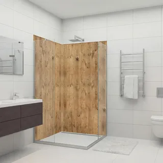 dedeco Eck-Duschrückwand wasserfest Motiv: Holz V5, 2 x 90x200 cm, Badrückwand, Fliesenersatz fugenlos Wandverkleidung Duschplatte Duschrückwände aus Aluminium, Made in Germany