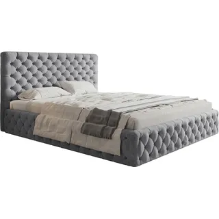 Polsterbett MIAMI-SLIM mit Kopfteil, 180x200 cm, Doppelbett mit Bettkasten und Lattenrost aus Holz, Velourstoff Hellgrau - Grau