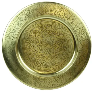 Marokkanisches Serviertablett Nermin Ø 50 cm rund aus Metall in Antik-Gold Look orientalisches Teetablett aus Marrakesch Boho Chic Ostern Muttertag Tablett Tisch-Deko TTB508G