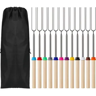 KAHEIGN 12Pcs Grillspieße Edelstahl Marshmallow BBQ Roasting Sticks, 31cm - 81cm Teleskop Grillspieß Bratstäbchen mit Holzgriff Lagerfeuerspieße Hot-Dog Gabeln für Camping Grill (12 Farben