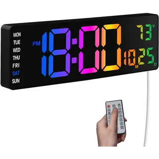 Digitale Wanduhr,15" Wanduhr Digital Große mit Fernbedienung,9 RGB-Farben,Auto-Dimming, Countdown, Temperaturanzeige, LED-Uhr für Wohnzimmer, Schlafzimmer, Weihnachten, Geschenk für Senioren