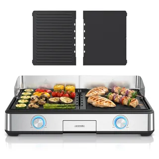 Arendo Tischgrill, Elektrogrill, Balkongrill, 2 Grillzonen, elektrisch, Spritzschutz, 2800 W, Antihaftbeschichtung, Temperaturregelung, für Balkon, Garten & Indoor - Silber, Schwarz