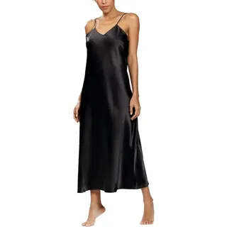 DKaren Damen Satin Nachthemd Lang | Negligee aus hochwertigen Satin | Nachtwäsche Unterkleid (Schwarz, L)