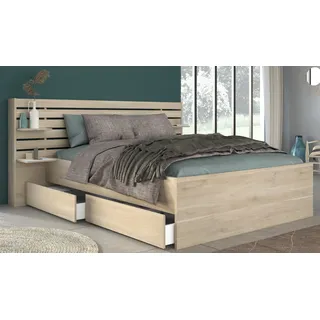 Stauraumbett "Escale" in Eiche, Bett 140 x 200 cm Bettschubkasten und Ablagen - Naturbelassen