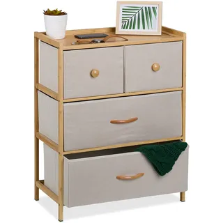 Relaxdays Kommode, Bambus, 4 Stoff-Schubladen, Flur, Schlafzimmer, HBT 73 x 57,5 x 30 cm, Schubladenschrank, natur/beige