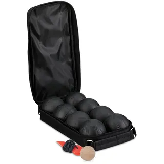 Relaxdays Boule Kugeln, 8 Metall-Kugeln, Set mit Zielkugel & Abstandsmesser, Tragetasche, Boccia Spiel, Stahl, schwarz