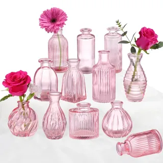 phunttek Pinke Vase, Knospenvasen, Set mit 12 Stück, kleine rosa Glasvasen für Blumen, Moderne gerippte Glasvase für Dekoration, Hochzeit, Blumenvase in Großpackung, Vintage-Dekor, Brautparty, Tafelaufsatz,