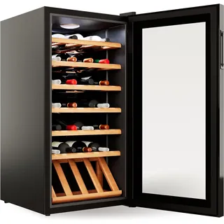 °CUBES Weinkühlschrank 28 Flaschen (90L) mit eleganter Glastür & hochwertigen Regalen aus Buchenholz | 5-18°C, vibrationsarm & leise (40dB) | Weinschrank mit LED Display - Tolles Geschenk