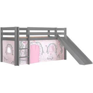 Vipack Hochbett »Pino, Spielbett massiv Kiefer, stabil gebaut, 3 Korpusfarben zur Wahl« inkl. Rolllattenrost, Leiter und Absturzschutz, mit oder ohne Rutsche, Textil-Set "Astronaut", inkl. Vorhang, mit oder ohne Tunnel, grau