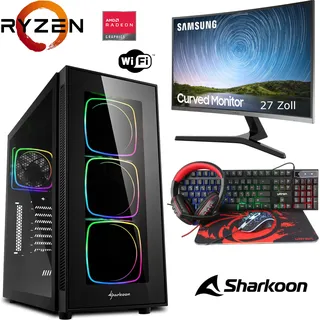 Gaming Komplett Set - Ryzen 5 5600G 6x4,4GHz - 32GB RAM - Radeon Graphics - 27"Samsung Curved LED Monitor - 4 in 1 Gaming Kit - RGB Echtglas Gehäuse