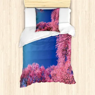 ABAKUHAUS Blumen Mantele, Kirschblüten-Bäume, Milbensicher Allergiker geeignet mit Kissenbezügen, 135 cm x 200 cm - 80 x 80 cm, Fuchsia Blau - Blau