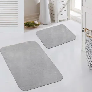 Teppich-Traum Badematten-Set Modern Waschbar Uni Silber 50x60/60x100 cm | Flauschig und weich, bis 30°C waschbar, pflegeleicht, rutschhemmend, formstabil, OEKO-TEX geprüft, 2-tlg. für Bad & WC