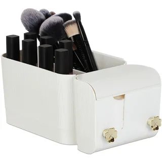 Relaxdays Kosmetik Organizer, 4 Fächer & 2 Haken, Wattestäbchenbehälter im Bad, Klebe-Wandmontage, Kunststoff, weiß/Gold