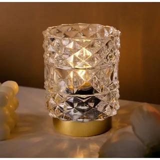 MJ PREMIER Kabellose Tischleuchte mit Timer Batteriebetriebene Lampe mit Rhombus Glaslampe Tischlampe Kabellos Dekorative Kristall Nachttischlampe für Schlafzimmer Wohnzimmer Flur Bad Küche (Klar)