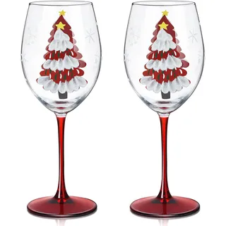 Joeyan 580ml Weihnachtsgläser,Kristall Weinglas Weihnachten, Weihnachtsgeschirr Set of 2, Weißweingläser mit Hand Bemalt Rot Weihnachtsbaum Schneeflocken, Geschenk für eltern schwiegereltern Familie