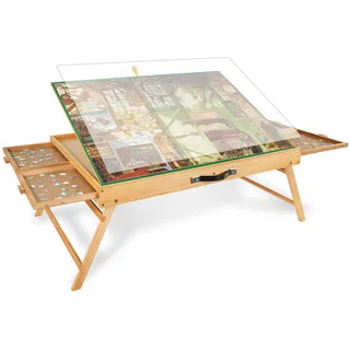 1500 Stück Tragbarer Puzzletisch mit Beinen, 64 x 87 cm Verstellbares Holz-Puzzlebrett mit 4 Schubladen & Abdeckung, Geburtstagsgeschenk für Mama, 3-Neigungswinkel Puzzle-Tisch für Erwachsene