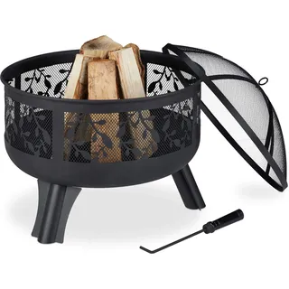 Relaxdays Feuerschale mit Funkenschutz, Garten & Terrasse, mit Schürhaken, Outdoor Feuerkorb, HxD: 60 cm,