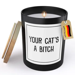 (HANDGEMACHT) Lustige Katze Spruchkerze Katzenmama Geschenk Frauen Englisch Your Cat Deko Sojawachs Kerze im Glas Schwarz Duftkerze Statement (VEGAN, ZITRUS)