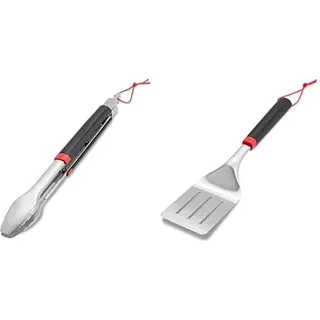 Weber 6317 Grillzange, Schwarz/Silber & 6318 Grillwender, 40 cm, Edelstahl, Schwarz/Silber