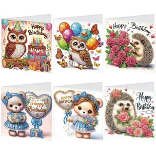 JISHSHAY 6er Set Diamond Painting Geburtstagskarten Eule Diamant Painting Karten Happy Birthday Bär Basteln Erwachsene Karte Geburtstag Igel Mosaik Bastelset Erwachsene Birthday Card mit Umschlag