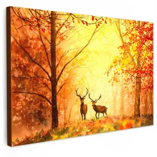 MuchoWow Leinwandbild Natur - Ölfarbe - Hirsche - Tiere - Herbst - Orange Wanddeko 90x60 cm , Textil , Kiefer , Rechteckig , 90x60 cm , FSC 100% , gerahmt , Bilder & Rahmen, Bilder, Leinwandbilder