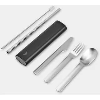 Chilly’s Picknickbesteck - Tragbares Edelstahl-Besteck mit Aluminium-Reiseetui, Wiederverwendbar: Messer, Gabel, Löffel & Strohhalm - Spülmaschinenfest, Ideal für Reisen & Camping - Abyss Black