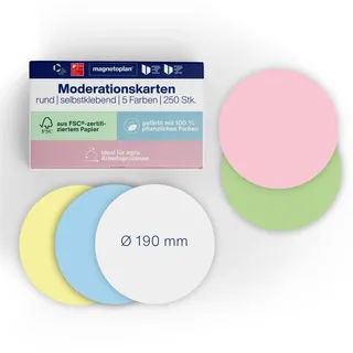 magnetoplan Moderationskarten, selbstklebend, rund | 250 Stück in 5 Pastellfarben | FSC-zertifiziert | Moderationskarten für Meetings und Präsentationen | Ø 190 mm |