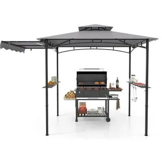 FANTASK Grillpavillon mit Seitenmarkise, 2 Seitenregalen & Haken, Doppeldach wetterfest, Grillunterstand Garten Partys, Gartenpavillon BBQ Pavillon, Grillüberdachungen, 318x153x250 cm (Grau)