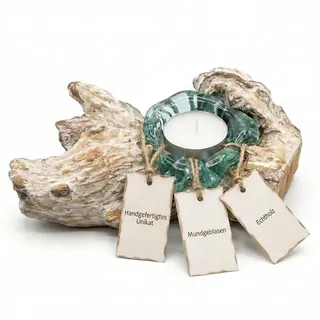 Wogeka - Weißer Glas Teelichthalter auf Wurzel-Holz - White Line Collection - Maritime Mediterrane Deko als Geschenk zu Weihnachten Geburtstag Teelicht 1w
