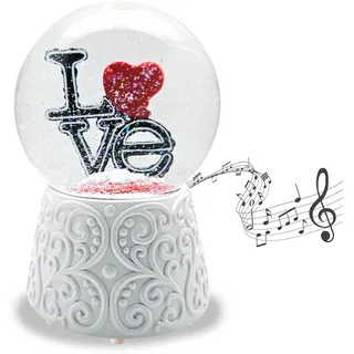 Schneekugel Liebe mit Herz | Schriftzug Love auf Sockel weiß Ornamente | Mit Spieluhr | Glas Schüttelkugel | Höhe 14 cm, Breite 10 cm | Geschenk Valentinstag Partnertag | 10012