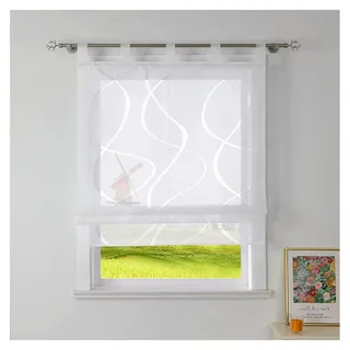 Raffrollo Ausbrenner Gardinen Küchen Raffgardinen Landhaus Transparente Schlaufenrollo mit Wellenmuster Kurzvorhang Modern Rollos mit Schlaufen Weiß 140x140 cm 1 Stück - Weiß