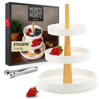 Moritz & Moritz Obst Etagere 3 Etagen - Inkl. Zange - Aus hochwertigem Porzellan - Moderne Küchen Deko oder Party Deko - Perfekt als Obstschale für Obst Aufbewahrung, Muffins und Cupcakes