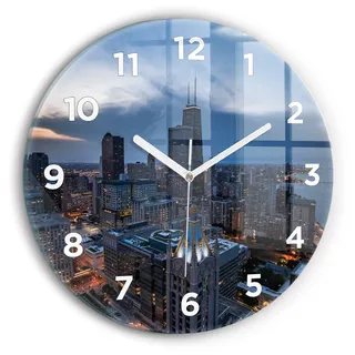 Wallfluent Wanduhr – Stilles Quarzuhrwerk - Uhr Dekoration Wohnzimmer Schlafzimmer Küche - Zifferblatt - weiße Zeiger - 30 cm - Foto von Chicago - Blau
