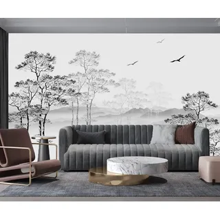 Fototapete 3D Seide Schwarz und Weiß Natur Wald, 356 X 250 cm Wandbild Panorama Bäume Berg Vögel Minimal für Wohnzimmer, Erwachsene, Kinderzimmer, Restaurant Dekoration