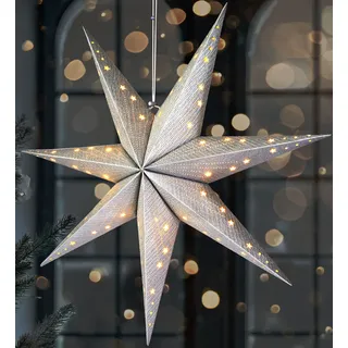 BRUBAKER LED Weihnachtsstern zum Aufhängen - 60 cm Papierstern - 3D Adventsstern - Batteriebetrieben, Silber - Silber
