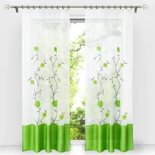 HongYa 1 Stück Voile Gardine Schal mit Kräuselband Transparenter Vorhang Bestickter Fensterschal H/B 245/140 cm Grün