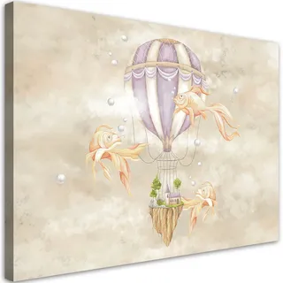 Feeby Wandbild Heißluftballon fliegendes Haus und Fisch 100x70cm , Beige , Textil , Märchen/ Fantasie , Rechteckig , 100x70 cm , Bilder & Rahmen, Bilder, Leinwandbilder