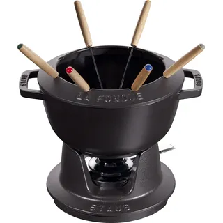 Staub Fondue Set mit 6 Gabeln, Gusseisen, 20 cm, 2,3 l, Für Käse- Schoko- und Fleisch-Fondue, Made in France, Schwarz