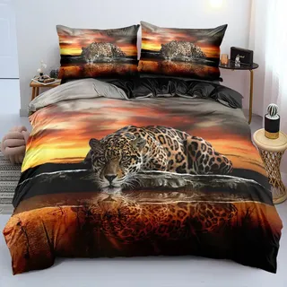 YASMENG Leoparden Bettwäsche 200x200 Leopard Tiermotiv Gold Orange 3D Bettbezug Set Weich Mikrofaser Bettwäsche 3 Teilig für Geschenke Zimmer Deko mit Reißverschluss und 2 Kissenbezüge 80x80 cm
