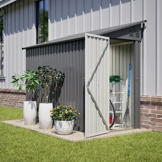 4'x8' Metall-Gartenschuppen, Anbau-Schuppen mit abschließbarer Tür und 2 Lüftungsöffnungen, Werkzeugaufbewahrung für Hinterhof & Terrasse, Grau - Grau