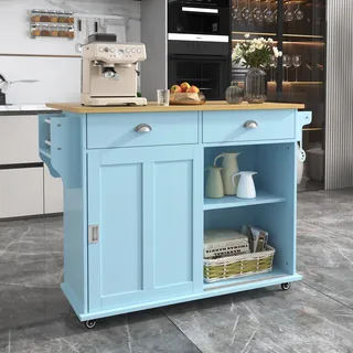 MODFU Kommode Sideboard 112x40(70)x94 cm,mit Klappbare Massivholzoptik-Arbeitsplatte, mit Ablagetür, Rollen & Auswechselbaren Massivholzfüßen für Küche, Blau