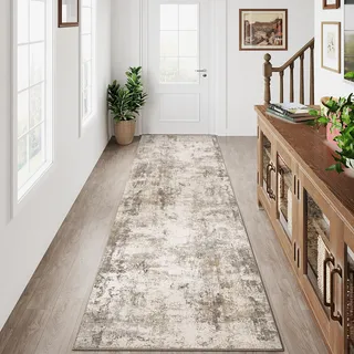 HUGEAR Waschbarer LäUfer Teppich Flur 60 x 240cm Braun Grau Modern Abstrakt Küchen Wohnzimmer Schlafzimmer Teppiche TeppichläUfer rutschfest Kurzflor Weich FlurläUfer TeppichläUfer Bettvorleger