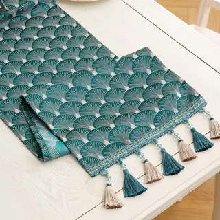 Mayler Yee Tischläufer, Vintage-Stil, luxuriös, Bestickt, Jacquard-Damast-Stoff mit Mehreren Stoffen, für Wohnzimmer, Kommode, Schals (Blaugrün, 33 x 122 cm)